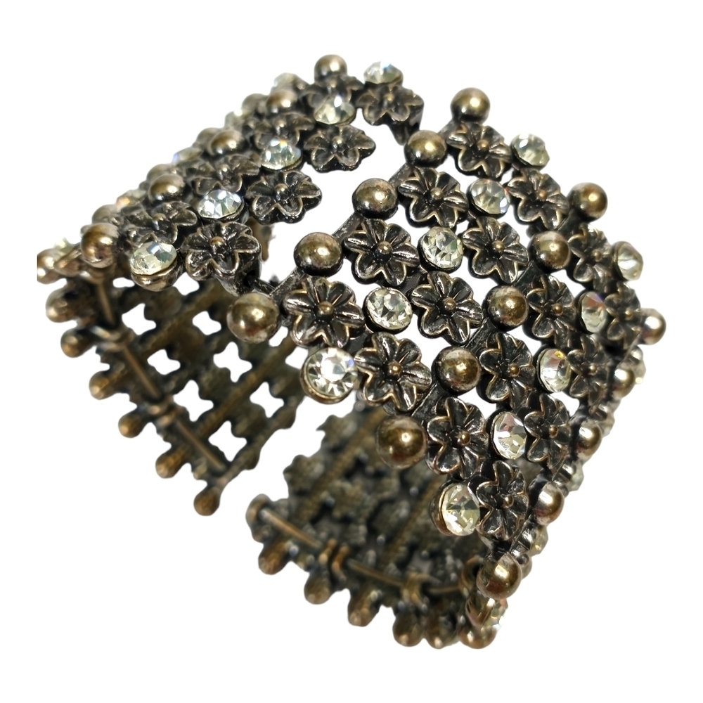 VINTAGE Women's Cuff Bracelet Chunky Jewelry Floral Rhinestones Metal Maximalism